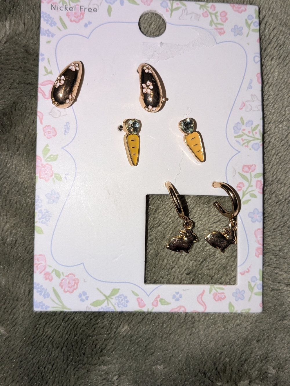 Target Kids Gold Tone Bunny, Carrot & Floral Stud Earring Set